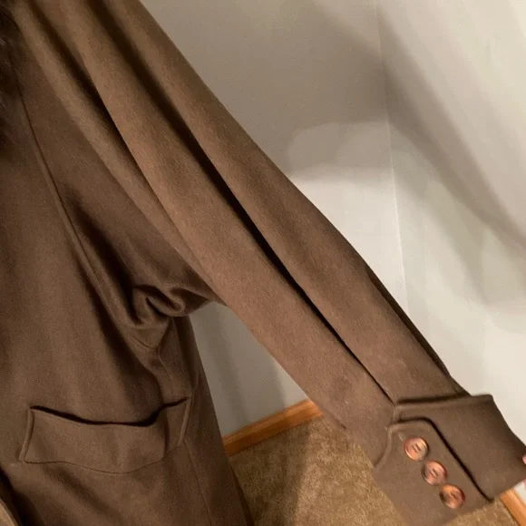 Vintage Gemini Army Green 100% Wool Trench Coat with Raccoon Fur Collar Women XL - Picture 9 of 16